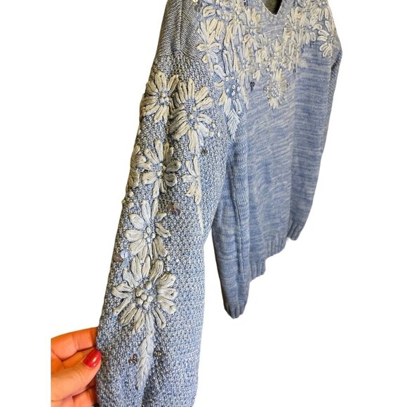 Soft Surroundings Blue Embellished Palenque Knit Sweater Sz L - Picture 5 of 8